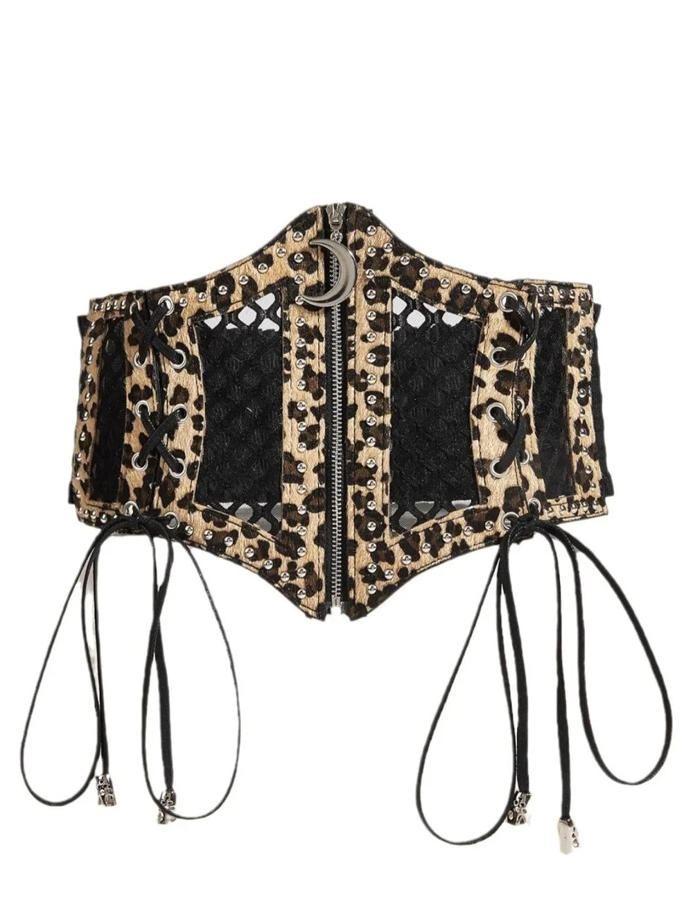Wide Leopard-Accent Corset Belt in Black and Gold